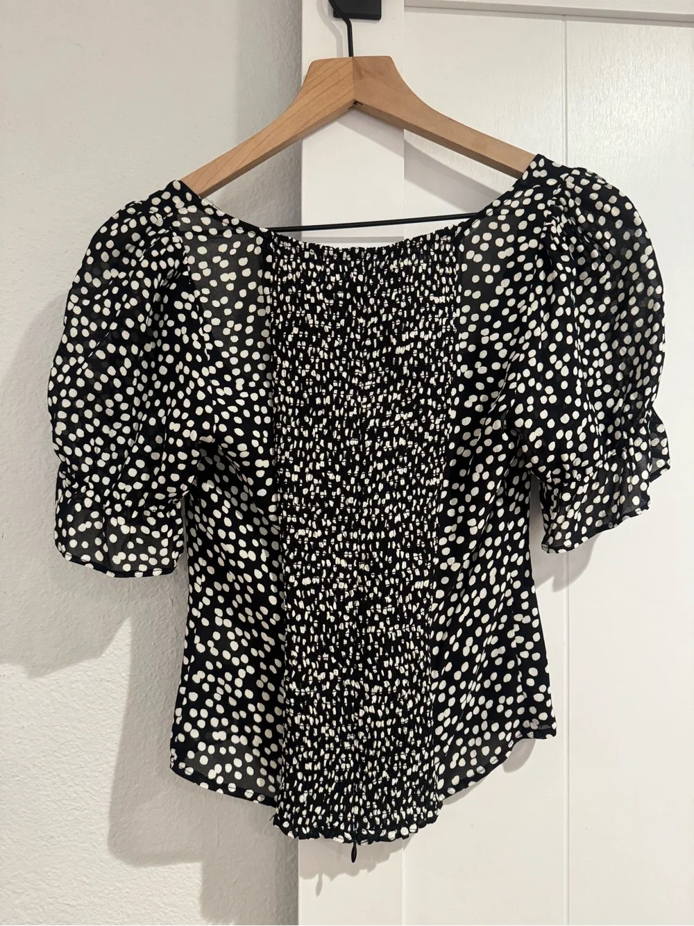 Reformation Black White Polka Dot Puff-Sleeve Tie Front Top